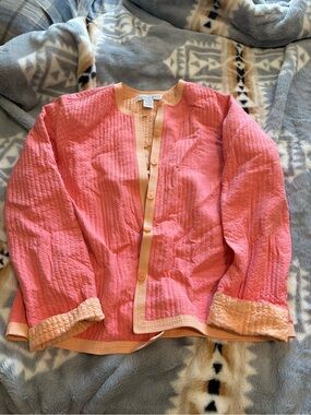 Quilted Pink Jacket with Peach Trim - Women's Lightweight Button Front